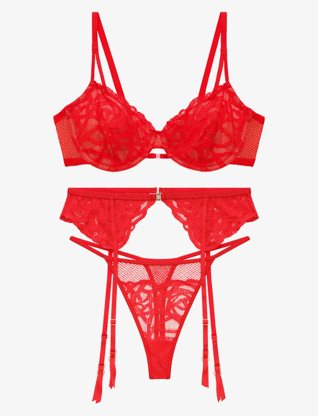 Rose Lace Unlined Demi Bra + Thong & Garter Set